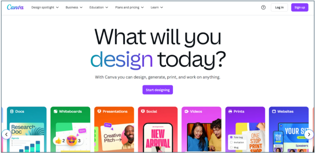 Screenshot of the Canva homepage showcasing various design options like Docs, Whiteboards, Presentations, and more, with the prompt 'What will you design today?'
