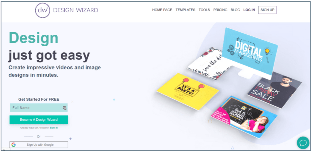 Screenshot of the Design Wizard website showcasing a simple layout with a call to action for creating impressive videos and image designs, featuring colorful design templates.