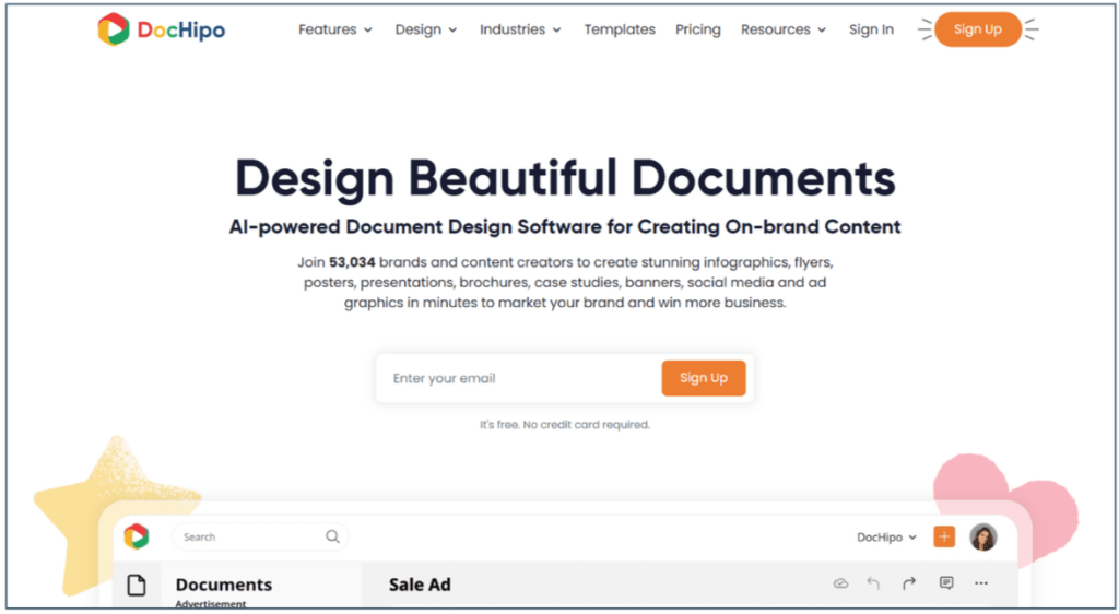 Homepage of DocHippo showcasing its AI-powered document design software with an invitation to sign up, featuring vibrant colors and a star illustration.